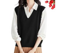 GAGFDA Pull sans manches pour femme, pull en laine mélangée pour femme, décontracté, couleur unie, col en V, débardeur tricoté doux, Noir , XL