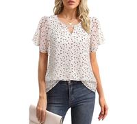 Gaharu Chemisier Élégant à Manches Courtes pour Femme, Tunique d'Été, Décontractée, Col Rond, Manches avec Volants, Mousseline et Fleurs, XL