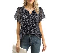 Gaharu Chemisier élégant à manches courtes pour femme - Tunique d'été - Style business décontracté - Col rond - Manches à volants - En mousseline de soie - Fleurs, Noir à pois, XL