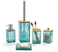 GAHEFY Ensemble d'accessoires de Salle de Bain Bleu Sarcelle, Porte-Brosse à Dents, Distributeur de Savon, Porte-Cotons-tiges, Porte-Savon, Brosse WC avec Support, décoration de Salle de Bain en