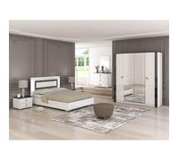 GAÏA - Chambre Lit 160x200 cm + Chevets + Commode + Armoire Laquée Blanc avec Décor Noir