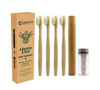Gaia Guy Lot de 4 Brosses à Dents en Bambou avec Poils en Sanglier + Étui & Fil Dentaire | 100 % Compostables | Kit Dentaire Écolo | Brosses Biodégradables & Compostables