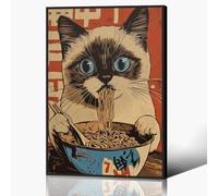GAINOW Art mural sur toile chat japonais vintage, chat kawaii mange des nouilles, impression d'art cool drôle animal nourriture impression d'art d'inspiration asiatique décoration murale de cuisine 30
