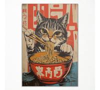 GAINOW Art Mural Vintage Japonais sur Toile, Chat Noir Excentrique Mangeant des Ramens, Impression d'Art Rétro d'Animaux Drôles Mangeant, Décoration Murale Unique pour Cuisine et Salle à Manger