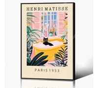 GAINOW Tableau Vintage Henri Matisse sur toile, affiche salle de bain drôle chat noir, mignonne impression salle de bain chat, décor mural dopamine rose-vert, image florale tropicale botanique 30 x 40