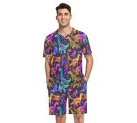 GAIREG Ensemble de pyjama dinosaure fluo pour homme - Vêtement de nuit doux - Imprimé artistique - Taille S, Cute Neon Line Art Dinosaures, X-Large