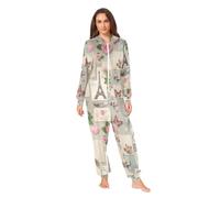 GAIREG Vintage Paris Collage Pyjama Onesie Fermeture Éclair sur le devant | Grenouillère pour adulte - En velours cristal doux - Design à capuche - Poches chaudes