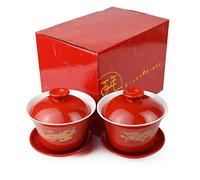 Gaiwan Lot de 2 tasses à thé en porcelaine 237 ml avec motif dragon chinois et phénix - Soucoupe rouge pour fête de mariage (Dragon Phénix)