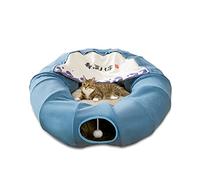 Galatée Tunnel pour chat - Lit pour intérieur - Avec 1 boule à gratter suspendue - Tunnel rond pliable pour chat - Bleu