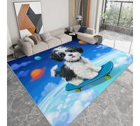 Galaxie Ciel étoilé Tapis Shaggy Lavable 120 x 170cm - Moelleux et Antidérapant Caoutchouc Tapis, Chien Animal Shih Tzu Skateboard Bleu pour Salon Couloir Salle D'étude Décorations Intérieures