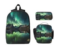 Galaxy Aurora Ensemble sac à dos pour filles et garçons avec sac à déjeuner, trousse à crayons, motif aurore boréale, 3 pièces, sac d'école isotherme, cadeau pour homme et femme