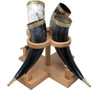 Galaxy Indiacraft Viking drinking mug, handmade, natural ox horn, mug for ale, beer, mead, wine, 30.5 cm, 100% leak-proof, with a beautiful wooden stand, set of 4