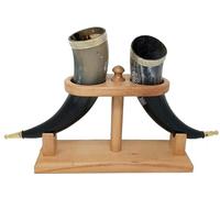 Galaxy Indiacraft Viking drinking mug, handmade, natural ox horn, mug for ale, beer, mead, wine, 30.5 cm, 100% leak-proof, with a beautiful wooden stand, set of 2