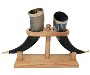 Galaxy Indiacraft Viking drinking mug, handmade, natural ox horn, mug for ale, beer, mead, wine, 30.5 cm, 100% leak-proof, with a beautiful wooden stand, set of 2