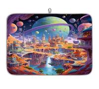 Galaxy Outer Space City Tapis égouttoir à vaisselle en microfibre absorbant pour cuisine cuillère, assiette en verre, 40,6 x 45,7 cm