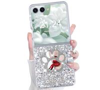 Galaxy Z Flip 7 Case Glitter Love Paw Mirror Flip Protective Cover for Samsung Galaxy Z Flip 7 2025 5G for Women Girl - Paw