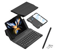 Galaxy Z Fold 4 / Z Fold 3 Clavier sans fil + étui de protection en cuir + étui de téléphone portable, compatible avec Samsung Galaxy Z Fold 4 5G Bluetooth Keyboard Folding Stand Funda (clavier grainé + étui de téléphone portable+stylo)