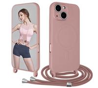 Galful Coque Magnétique pour iPhone 13/iPhone 14 avec Cordon de Collier Silicone Liquide Etui avec Cordon Réglable Souple TPU Housse Anti-Jaunissement Lanyard Case-Sable Rose
