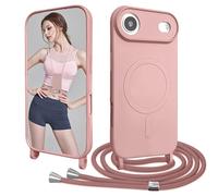Galful Coque Magnétique pour iPhone 17 Air avec Cordon de Collier Silicone Liquide Etui avec Cordon Réglable Souple TPU Antichoc Housse Anti-Jaunissement Lanyard Case-Sable Rose