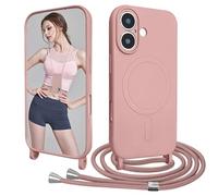 Galful Coque Magnétique pour iPhone 17 avec Cordon de Collier Silicone Liquide Etui avec Cordon Réglable Souple TPU Antichoc Housse Anti-Jaunissement Lanyard Case-Sable Rose