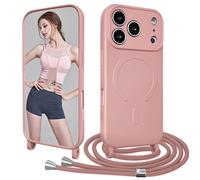 Galful Coque Magnétique pour iPhone 17 Pro avec Cordon de Collier Silicone Liquide Etui avec Cordon Réglable Souple TPU Antichoc Housse Anti-Jaunissement Lanyard Case-Sable Rose