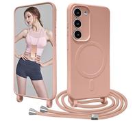 Galful Coque Magnétique pour Samsung Galaxy S25 Plus/S24 Plus avec Cordon de Collier Silicone Liquide Etui avec Cordon Réglable Souple TPU Antichoc Housse Anti-Jaunissement Lanyard Case-Sable Rose