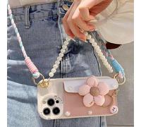 Galful Coque pour iPhone 13 avec Cordon Collier Étui Portefeuille Porte Carte Case avec 2 Chaine Paillettes Pearl Bracelet Housse pour Femme TPU Silicone Souple Antichoc Bumper Cover-Rose