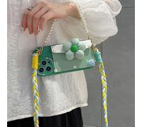 Galful Coque pour iPhone 13 avec Cordon Collier Étui Portefeuille Porte Carte Case avec 2 Chaine Paillettes Pearl Bracelet Housse pour Femme TPU Silicone Souple Antichoc Bumper Cover-Vert