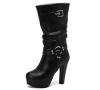Galindopia Black Plateforme Bottes Mid Calf pour femme Hauts Talons Bloc