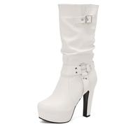 Galindopia Black Plateforme Bottes Mid Calf pour femme Hauts Talons Bloc