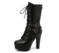 Galindopia Black Plateforme Bottes Mid Calf pour femme Hauts Talons Bloc Rivets Studs gothique Punk Dentellets Knight Biker Half Botines de Mujer Size 40