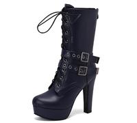 Galindopia Blue Plateforme Bottes Mid Calf pour femme Hauts Talons Bloc Rivets Studs gothique Punk Dentellets Knight Biker Half Botines de Mujer Size 40