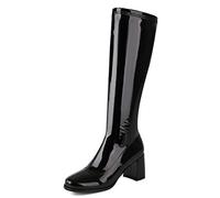 Galindopia Femmes Gogo Bottes Black Knee High 70s Vintage Chaussures Bout Rond Halloween Costume Bottes Elastique Talons Blocs Dressy Perfomance Plus Size 36