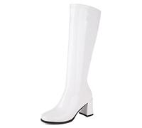 Galindopia Femmes Gogo Bottes White Knee High 70s Vintage Chaussures Bout Rond Halloween Costume Bottes Elastique Talons Blocs Dressy Perfomance Plus Size 41