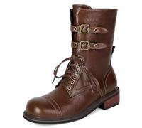 Galindopia Femmes's Ankle High Bottes Combat Low Heel Dentellets Bout Rond Lug Sole Casual Fall Chaussures Motorcycle Boucle Botas para Mujer Dark-Brown Size 43