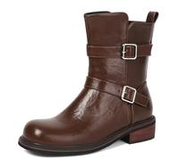 Galindopia Femmes's Ankle High Bottes Combat Low Heel Dentellets Bout Rond Lug Sole Casual Fall Chaussures Motorcycle Boucle Botas para Mujer Dark-Brown Size 38