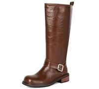 Galindopia Femmes's Ankle High Bottes Combat Low Heel Dentellets Bout Rond Lug Sole Casual Fall Chaussures Motorcycle Boucle Botas para Mujer Dark-Brown Size 43