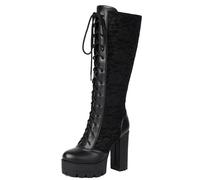 Galindopia Femmes's Knee Bottes Hautes Plateforme Hauts Talons Bloc Dentellets Cosplay Witch gothique Dentelle Boucle Fête Heels Botas para Mujer Black Size 48