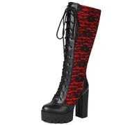 Galindopia Femmes's Knee Bottes Hautes Plateforme Hauts Talons Bloc Dentellets Cosplay Witch gothique Dentelle Boucle Fête Heels Botas para Mujer Red Size 42