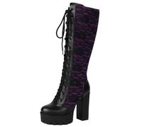 Galindopia Femmes's Knee Bottes Hautes Plateforme Hauts Talons Bloc Dentellets Cosplay Witch gothique Dentelle Boucle Fête Heels Botas para Mujer Purple Size 39