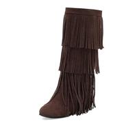 Galindopia Femmes's Mid High Fall Bottes Frange Bout Rond Wedge Mid Heel Long L'hiver Mocassins Bottes Gland Botas para Mujer Suède Dark-Brown Size 34