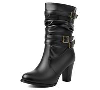 Galindopia Pleated Bottes Slouch Ankle High Block Heel Dressy Motorcycle Chaussons Heels Boucle Belt Rivets Chain Bottes Combat Plus Black Size 40