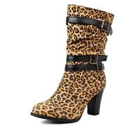 Galindopia Pleated Bottes Slouch Ankle High Block Heel Dressy Motorcycle Chaussons Heels Boucle Belt Rivets Chain Bottes Combat Plus Leopard Size 38