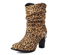 Galindopia Pleated Bottes Slouch Ankle High Block Heel Dressy Motorcycle Chaussons Heels Boucle Belt Rivets Chain Bottes Combat Plus Leopard Size 36