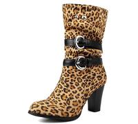 Galindopia Pleated Bottes Slouch Ankle High Block Heel Dressy Motorcycle Chaussons Heels Boucle Belt Rivets Chain Bottes Combat Plus Leopard Size 44
