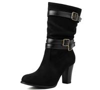 Galindopia Pleated Bottes Slouch Ankle High Block Heel Dressy Motorcycle Chaussons Heels Boucle Belt Rivets Chain Bottes Combat Plus Suède-Black Size 43