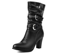 Galindopia Pleated Bottes Slouch Ankle High Block Heel Dressy Motorcycle Chaussons Heels Boucle Belt Rivets Chain Bottes Combat Plus Black Size 41