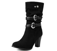 Galindopia Pleated Bottes Slouch Ankle High Block Heel Dressy Motorcycle Chaussons Heels Boucle Belt Rivets Chain Bottes Combat Plus Suède-Black Size 40