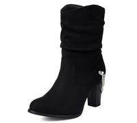 Galindopia Pleated Bottes Slouch Ankle High Block Heel Dressy Motorcycle Chaussons Heels Boucle Belt Rivets Chain Bottes Combat Plus Suède-Black Size 43