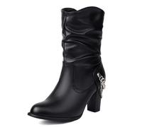 Galindopia Pleated Bottes Slouch Ankle High Block Heel Dressy Motorcycle Chaussons Heels Boucle Belt Rivets Chain Bottes Combat Plus Matte-Black Size 43